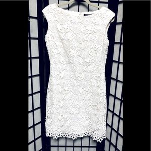 LAUREN by Ralph Lauren-Floral, White Lace Sleeveless  Form-Fitting Midi Dress.